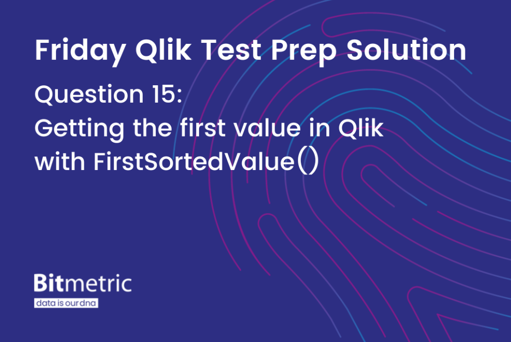 The Qlik function FirstSortedValue() gets the first value for a field, sorted by another field.