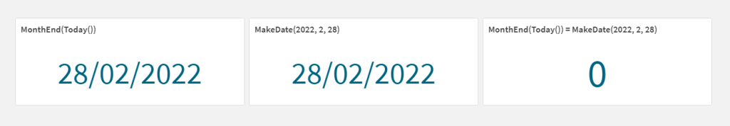 Demonstrating that MonthEnd in Qlik does not return a date value, but a timestamp.