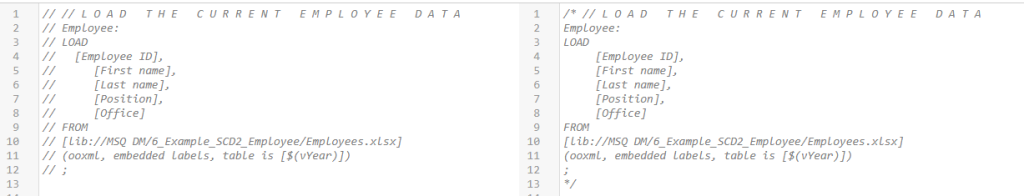 Different methods to comment out multiple lines of script in Qlik Sense and QlikView.