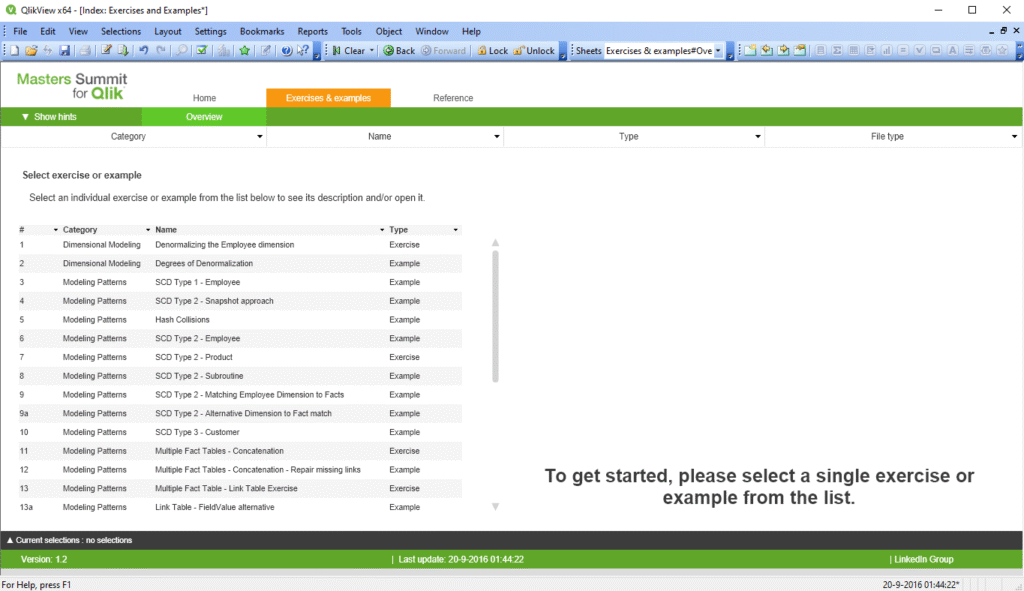 QlikView app used as an index for the Data Modeling session at the Masters Summit for Qlik