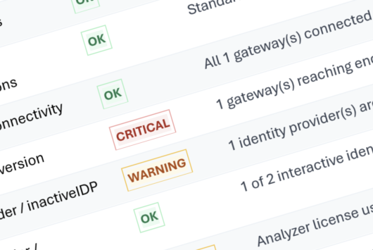 Qlik Tenant Check met meerdere OK-statussen, een waarschuwing en een kritieke melding voor een Data Gateway die het einde van de ondersteuning nadert.