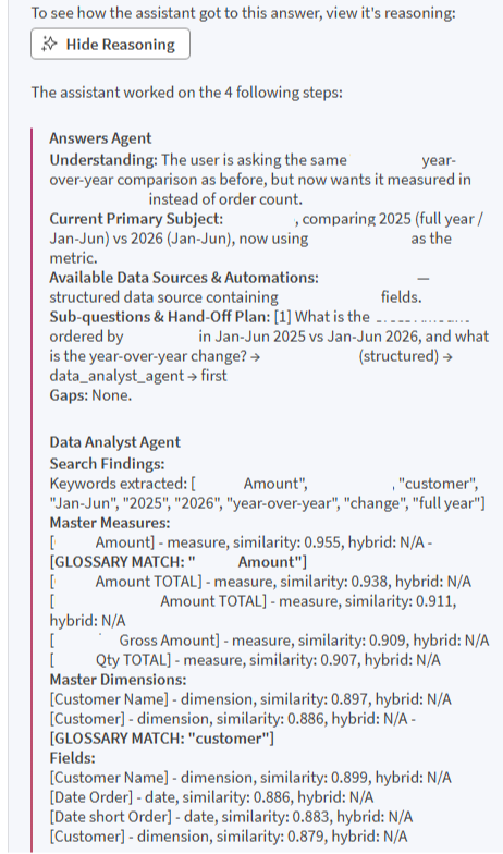 Qlik Answers toont de redenering achter een teruggegeven resultaat.
