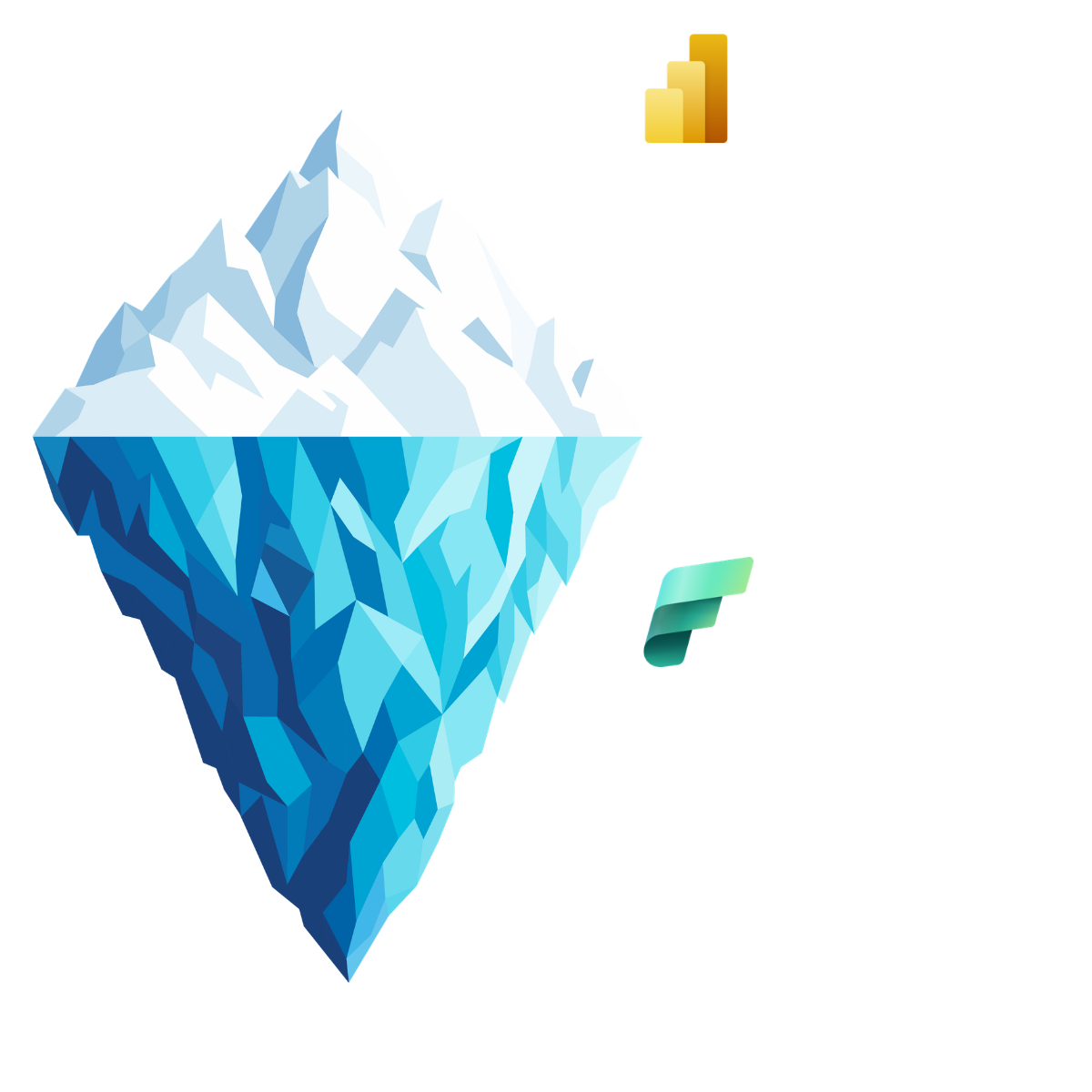 Illustration showing Power BI reports, dashboards and semantic models above the surface, with Microsoft Fabric capabilities such as data integration, OneLake, data engineering, warehousing, real-time analytics and data science underneath.
