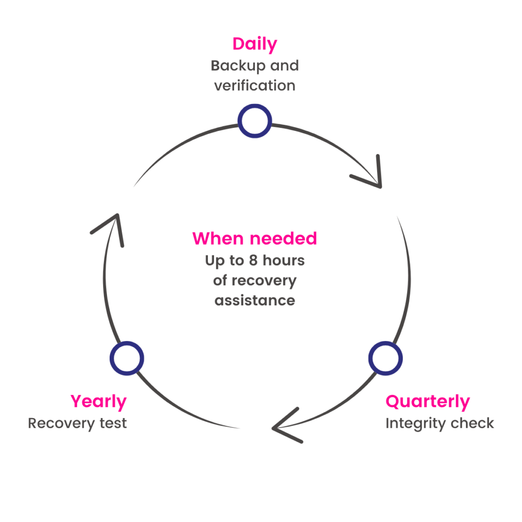 Managed Backup for Qlik Cloud service cycle with daily backup and verification, quarterly integrity checks, yearly recovery testing, and up to 8 hours of recovery assistance when needed.